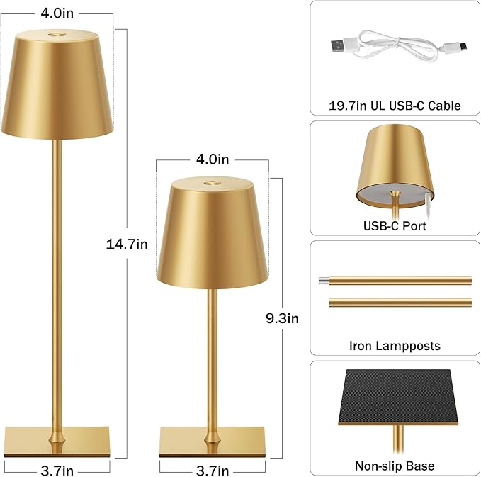 Gold Cordless Rechargeable Table Lamp, 2 Pack Portable Desk Lamp with 5000mAh Battery, Touch Control Stepless Dimming, Wireless Night Light for Dining, Outdoor Camping, Coffee Shop, Waterproof Design