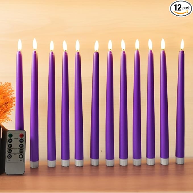 Purple Flameless Taper Candles with Remote, Flickering Christmas LED Candlesticks Battery Powered Set of 12