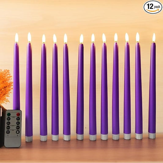 Purple Flameless Taper Candles with Remote, Flickering Christmas LED Candlesticks Battery Powered Set of 12