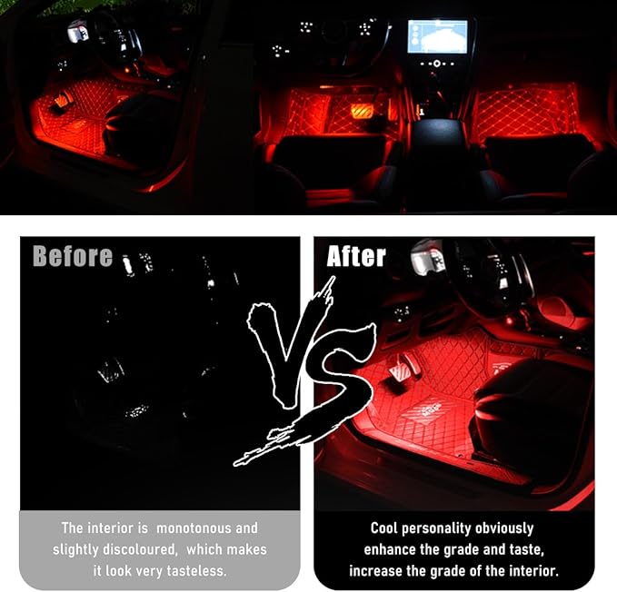 Car Interior LED Strip Light, 12V 24 LED Waterproof Neon Ambient Night Light with USB Port, Automotive Atmosphere Decorative Under Dash Lighting Kit, Car Accessories (Red)