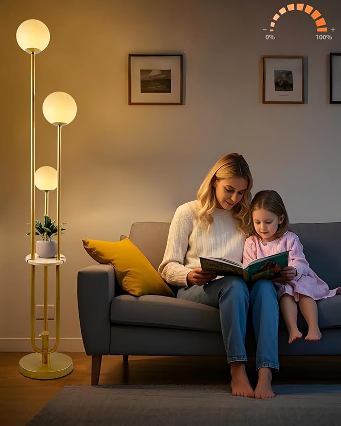 Lightdot LED Floor Lamp Dimmable Gold Globe Floor Lamps with Shelf& Bulb Included Mid Century Modern Standing Lamp for Bedroom Living Room/Sofa Beside/Corner Decor -Candle Holder Style Soft Eye-Caring