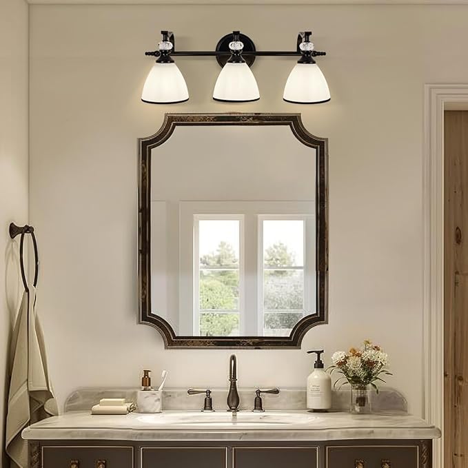 ANDY STAR Milky Glass Bathroom Vanity Light Over Mirror, 3-Light Matte Black Bathroom Light Fixtures with Frosted Glass, 22.5 inch Modern Vanity Lighting Wall Mount, E26 Base, Bulbs Not Included