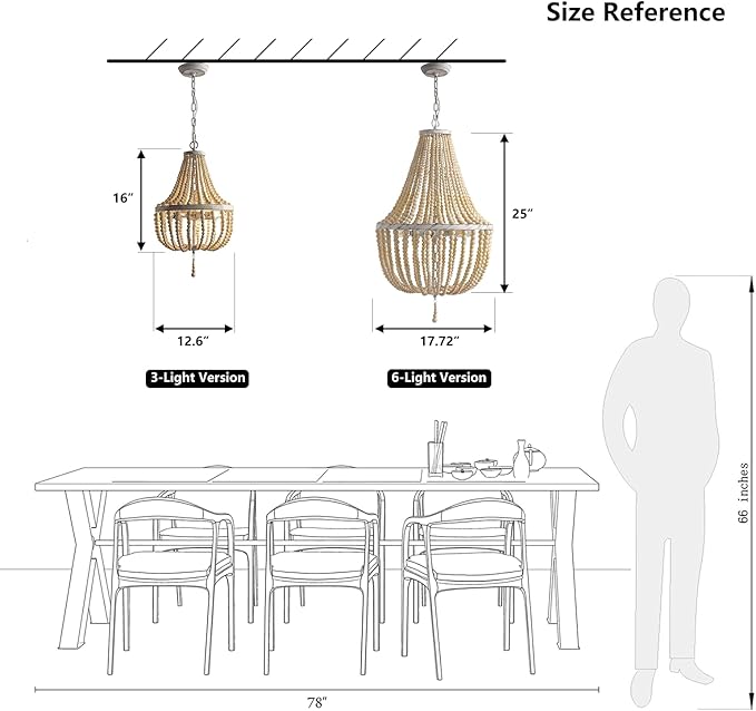 3-Light Plug in Chandelier Dimmable and Timer Mini Wood Beaded Bohemian Pendant Light Fixture with 16.4ft Swag Cord,Black Metal Finish Natural Color Beads,Dining Room,Living Room,Foyer,Bedroom…