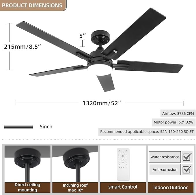 Ceiling Fans with Lights, 52 inch Black Ceiling Fan with Light and Remote Control, Reversible, 3CCT, Dimmable, Noiseless, Small Ceiling Fan for Bedroom, Indoor/Outdoor Use
