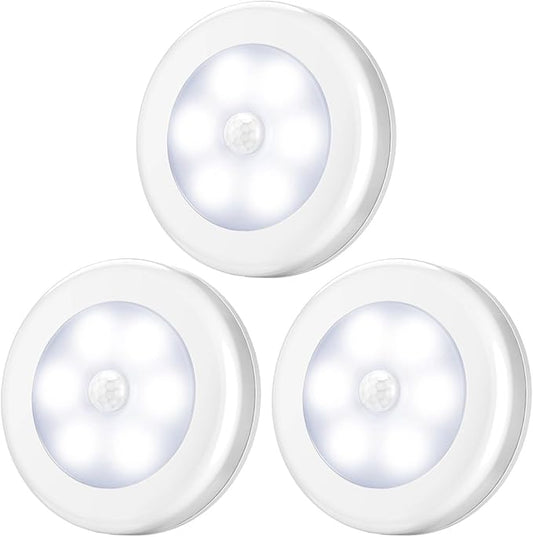 AMIR Upgraded 3.15” Motion Sensor Light Indoor, Cordless Battery Powered Stick on LED Night Lights for Closet, Stair, Under Cabinet, Hallway, Kitchen (White - Pack of 3)