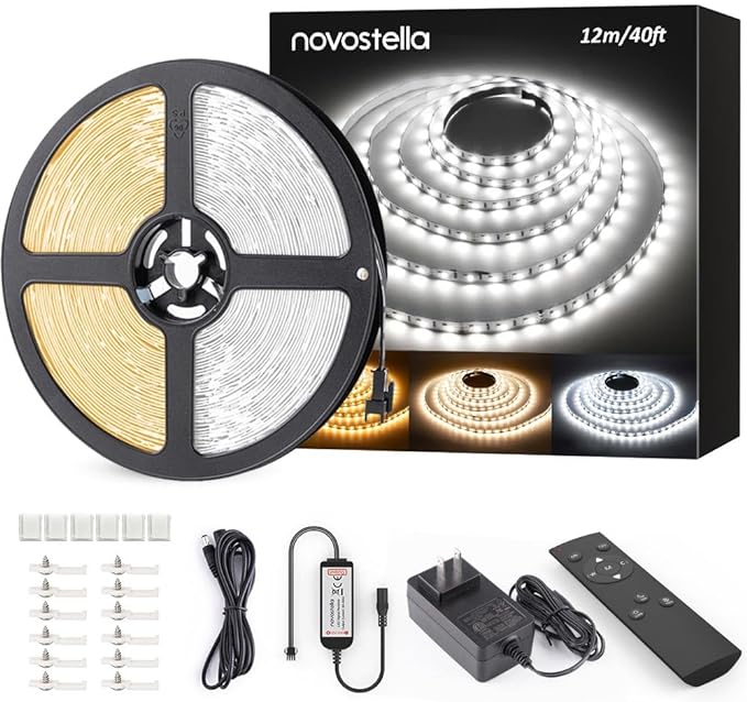 Novostella 40ft Tunable White LED Strip Light 1344 LEDs Dimmable 3000K-6500K 24V Remote Flexible LED Tape for Christmas Living Room Cabinet Counter Bedroom Home Kitchen Bar Ceiling Daylight Warm White