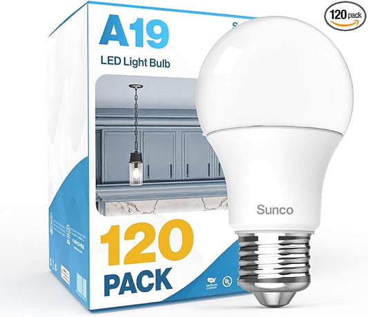 Sunco 120 Pack A19 LED Light Bulbs, [Focos para Casa], E26 Base Lamp Bulb for Bedroom Bathroom, 850 LM, 8W (60W Equivalent), 5000K Daylight, Non-Dimmable, 25000 Lifetime Hours UL