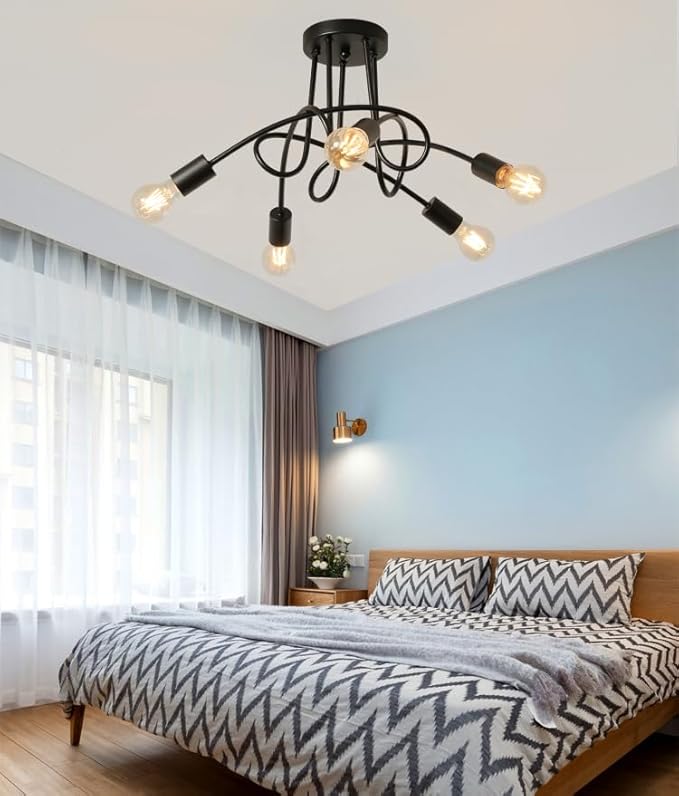 Modern Farmhouse Chandelier,25 Inch Black Metal Spiral Rustic Vintage Semi Flush Mounted Ceiling Light Fixture for Dining Room Bedroom Kitchen Island Hallway Foyer Entryway(5-Light)