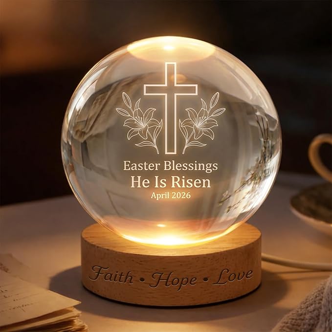 Christian Easter Cross Crystal Ball LED Night Light, He is Risen Engraved Glass Globe Lamp with Wooden Base, Faith Hope Love Religious Easter Blessing Gift April 2026 Decor