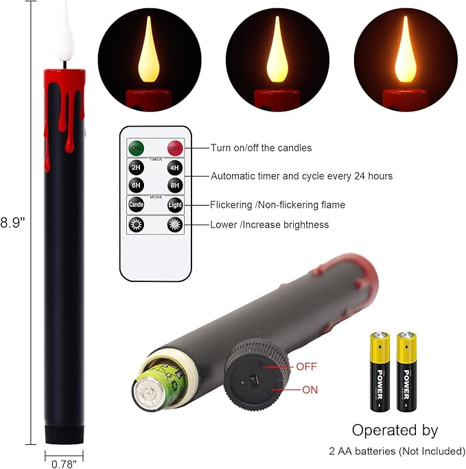 DRomance Black Flameless Taper Candles Flickering with Remote and Timer, Blood Dripping Wax Effect Battery Operated Yellow Light LED Taper Candles Dinner Halloween Spooky Decor(4 Pack, 0.78" x 8.9")