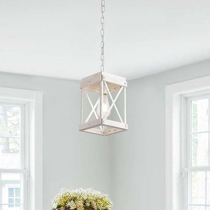Fivess Lighting Modern Farmhouse Antique White Distressed Pendant Light with Wood and Metal Cage, One-Light Adjustable Chains Rustic Mini Pendant Lighting Fixture for Kitchen Island Cafe Bar