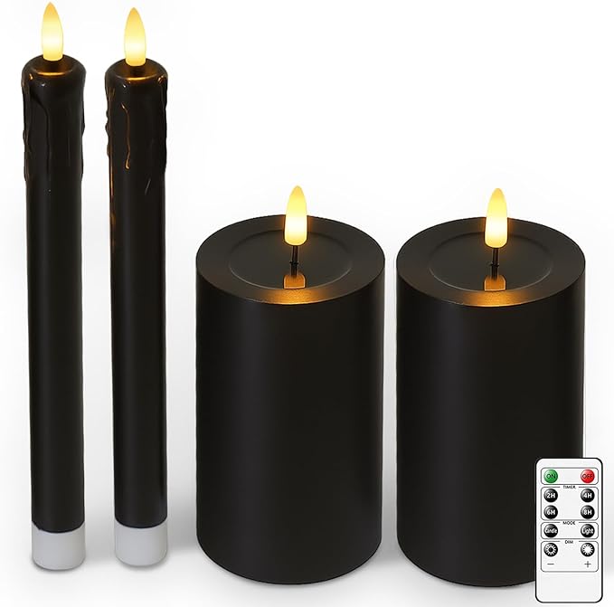 Black Flameless Candles, Battery Operated Candles, Real Wax Black LED Candles, Flickering Remote Control for Home Fall Halloween Decor Party Gifts, Set of 4