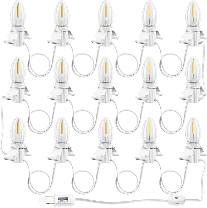 C7 Accessory Cord with 15 LED Light Bulbs and Outlet Christmas Village Light 17.7 FT with Spare Fuse Warm White Lamp for Christmas Village Houses Pumpkin Lamp Holiday Decor
