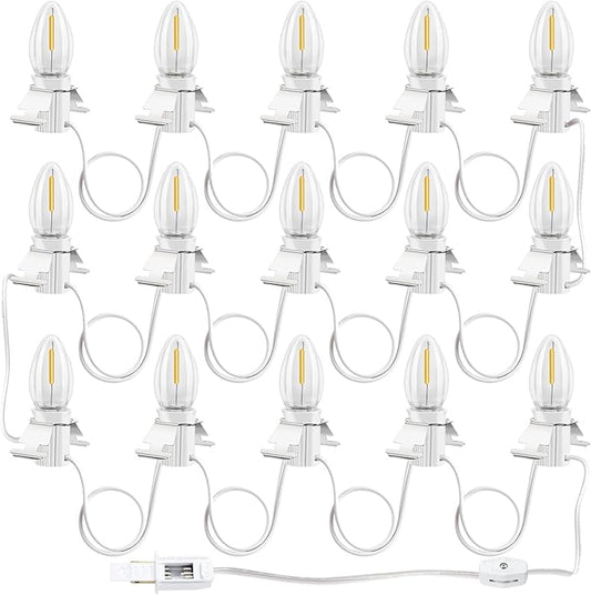 C7 Accessory Cord with 15 LED Light Bulbs and Outlet Christmas Village Light 17.7 FT with Spare Fuse Warm White Lamp for Christmas Village Houses Pumpkin Lamp Holiday Decor