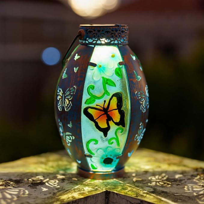 Butterfly Hanging Solar Lantern Outdoor Garden Decor, Butterfly Lantern Memorial Gardening Gifts for Mom Grandma, Solar Lights for Outside Waterproof Table Decor