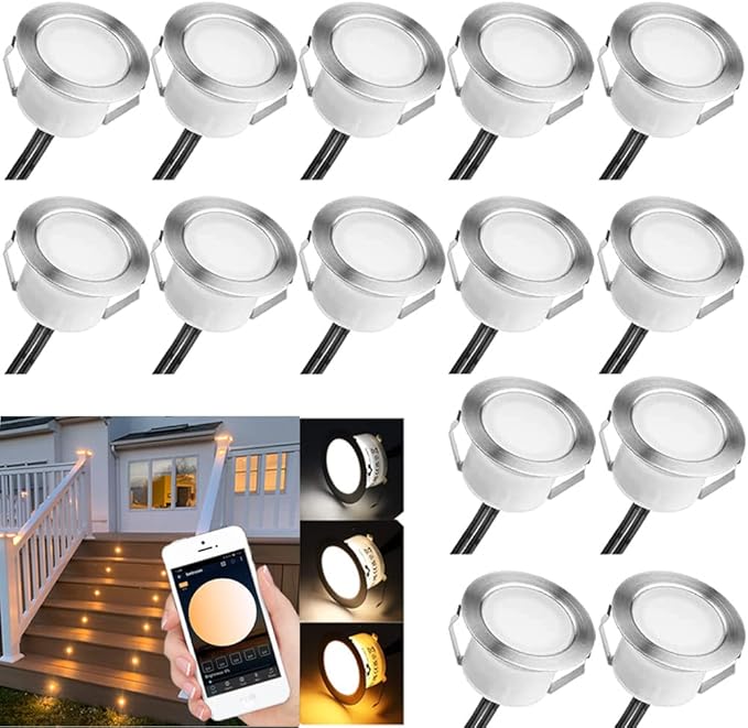 Sumaote Dimmable LED Deck Lights with APP Control, Timer, 3000K-6500K Color Temperature, φ45mm 16 Pack Low Voltage Outdoor CCT Smart Deck Lighting IP67 Waterproof for Garden,Yard, Stair, Patio, Floor