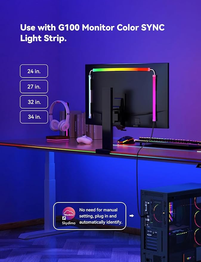RGB Backlight for PC & Mac, LED Strip Light Sync with Screen Color or Music, Stick to The Edge of Your Desk, LEDs for Desk Gaming, USB Port, Software Control, 3.94ft / 1.2m