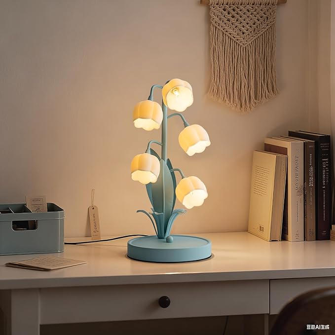 Flower Table Lamp, Lily of The Valley Lamp for Bedside Accent 3 Color Modes Cottagecore Soft Reading Night Light for Bedroom, Corner, Dorm, Entrance Home Vintage Decor (Powder Blue)