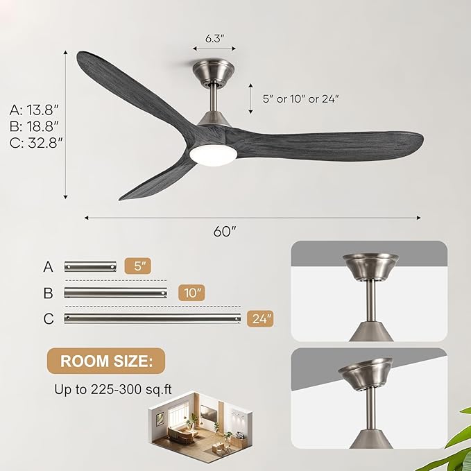 Outdoor Ceiling Fan with Light, 60 inch Ceiling Fan with Light and Remote, Modern Wood Ceiling Fans, Reversible Quiet DC Motor, High CFM, Dimmable Ceiling Fans for Indoor/Outdoor Nickel+Gray