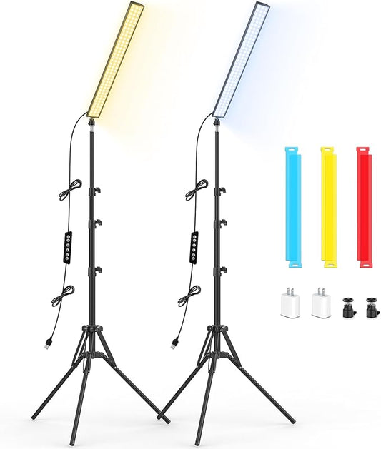 2 Pack LED Video Light Stick Kit with 62.99'' Tripod Stand/Color Filter, Dimmable 2500K-8500K Bi-Color Studio Light Wand Photography Lighting for Video Recording/Game Streaming/Photo/YouTube
