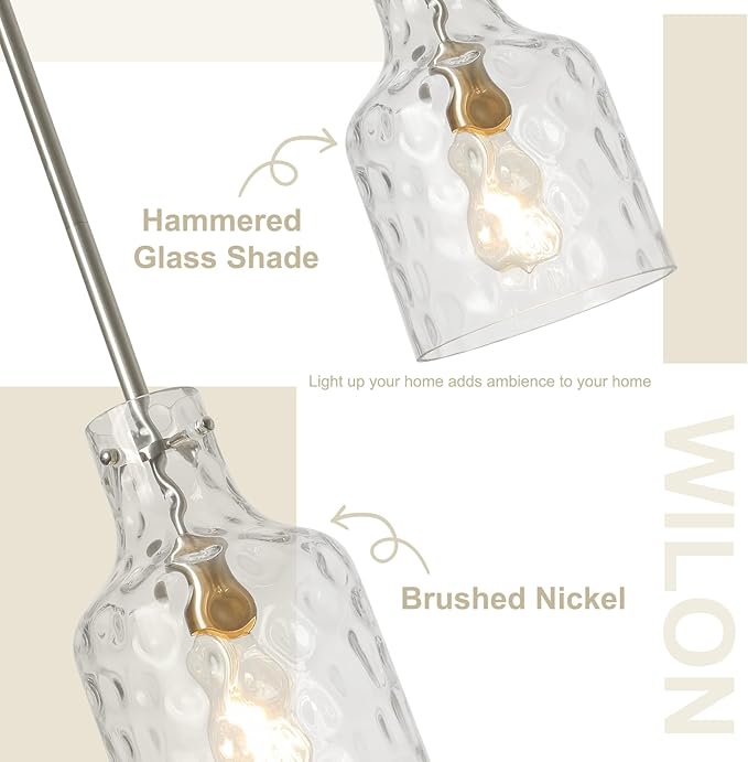 WILON Modern Glass Pendant Lighting for Kitchen Island, Farmhouse Pendant Lights for Dining Room Kitchen Sink, Adjustable Hanging Ceiling Light 7" Hammered Glass Shade, Brushed Nickel Metal Finish