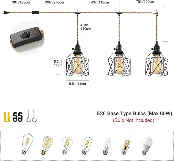 3-Light Hanging Light with Plug in Cord,Plug in Pendant Light Hemp Rope Pendant Lighting Vintage 3-Light Hanging Lamp Fixtures for Kitchen Island Living Room Bedroom