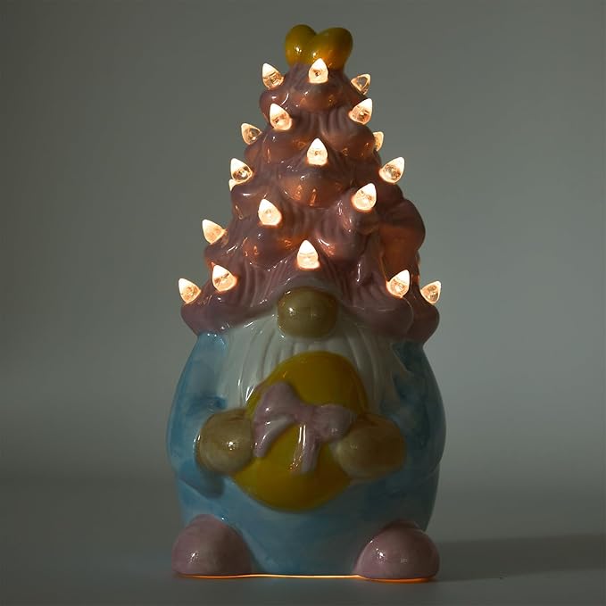 WDS WONDROUS Easter Decorations Lighted Gnome Figurine, Ceramic Battery Operated LED Easter Decor with Pink Hair Holding Egg, Spring Home Decor, Table Centerpiece, Indoor Gnome Decorations