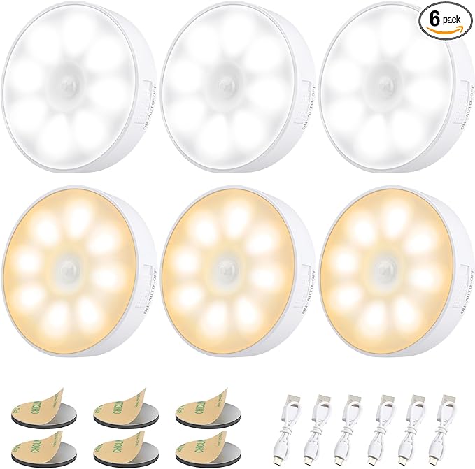 Motion Sensor Light Indoor [8 LED], Electight Night Light USB Rechargeable, 3 Light Modes & Long-Last Battery, Cordless Magnetic Sticker Nightlight for Stair, Closet, Hallway - Cold White & Warm White