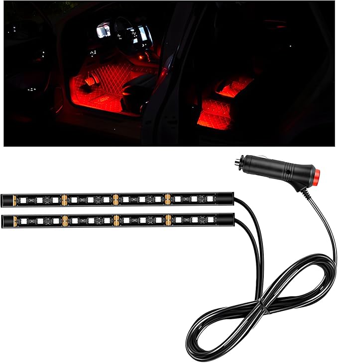 Car LED Strip Light, 12V 24 LEDs Auto Interior Atmosphere Lamp with Cigarette Adapter Plug, Vehicle Under Dash Ambient Neon Night Light Decorative Strip, Car Accessories (Red)