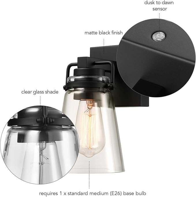GLOBE Electric 60000174 1-Light Dusk to Dawn Outdoor Wall Sconce, Matte Black, Clear Glass Shade, E26 Bulb, Weather Resistant
