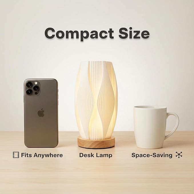 3D Printed Mini Lamp, Small Bedside Lamp with 3-Color Dimmable LED, Small Nightstand Lamp for Tight Spaces, Beautiful Lamp with Wooden Base - Helix