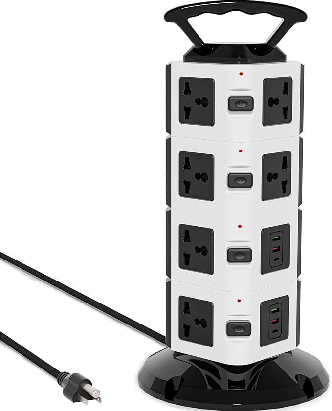Power Strip Tower with 14 Outlets, 4 USB-A & 2 USB-C Ports, 1875W/15A Heavy Duty Charging Station for Multiple Devices, Plug Tower with 6ft Extension Cord, for Home, Office, Dorm
