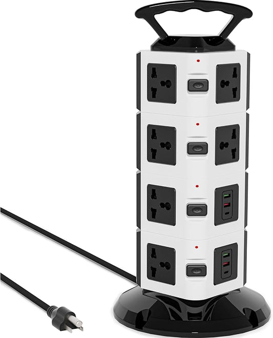 Power Strip Tower with 14 Outlets, 4 USB-A & 2 USB-C Ports, 1875W/15A Heavy Duty Charging Station for Multiple Devices, Plug Tower with 6ft Extension Cord, for Home, Office, Dorm