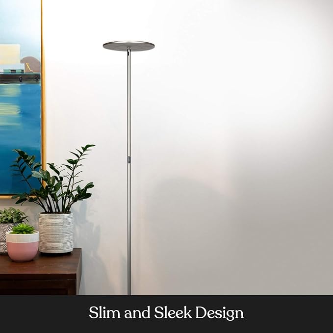 Brightech Sky Flux Dimmable LED Floor Lamp – Super Bright Floor Lamp with 3 Light Modes for Living Room, Office – Torchiere Standing Touch-Lamp, Tall Torch Lamp for Bedroom & Reading - Nickel