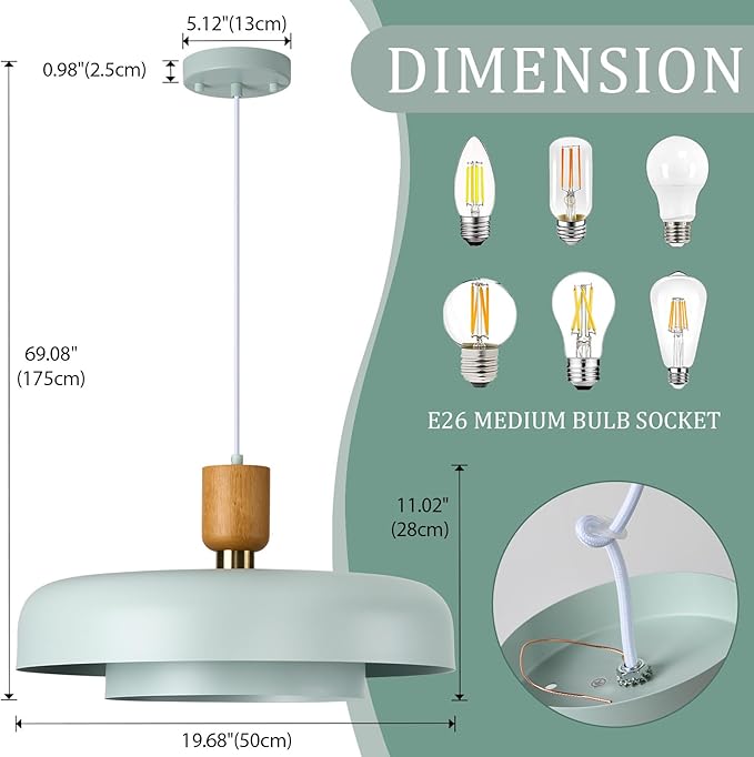 Mid Century Chandelier 19.68 inch, 2 Tiers Light Blue Shade, Natural Wood and Brass Accent,Large Pendant Lights for Kitchen Island, Dining Room, Living Room