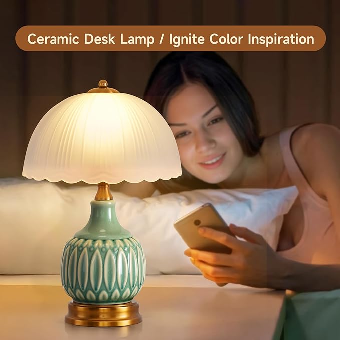 Vintage Lamp for Living Room,16" Modern Ceramic Table Lamps for Bedroom,Retro Bedside Nightstand Traditional Lamps, Classic Chinoiserie Green Lamp for Home Decor (French Country)
