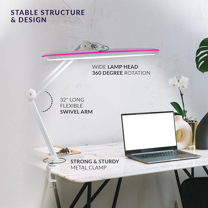 Neatfi XL LED Desk Lamp with Clamp – 2,200 Lumens, 23” Wide, Dimmable Task Light for Office, Study, Crafting & Nail Techs (Non-CCT with Clamp, White with Pink Ring)