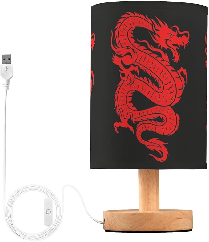 Table Lamp Red Chinese Dragon on Black Nightstand Lamp with Wood Base Fabric Lamp Shade Bedside Desk Lamp for Living Room Bedroom Kids Room Office