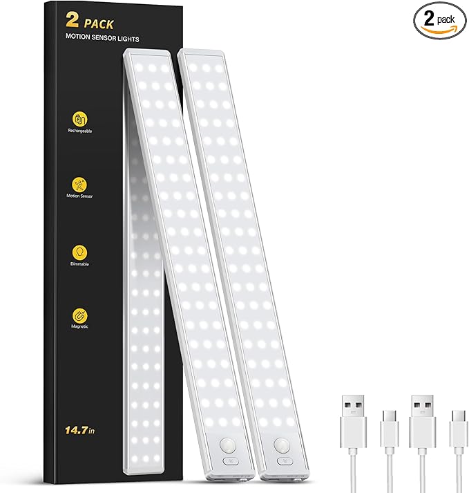 Under Cabinet Lighting - 14.7" Motion Sensor Light Indoor, Magnetic Wireless Closet Lights, Dimmable Led Night Light, Rechargeable Under Counter Lights for Kitchen, Bedroom, Stair, 2 Pack