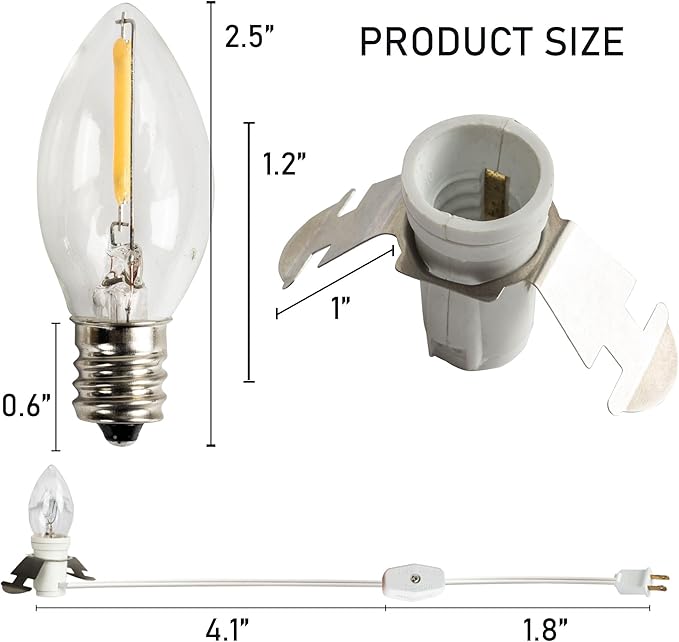 Dazzle Bright 4 Pack 6 FT Accessory Cord with LED Light Bulb E12 Socket White Cord with On/Off Switch Plug, C7 Candelabra Light Bulbs for Holiday Decorations, Christmas Village House, Pumpkin Lights