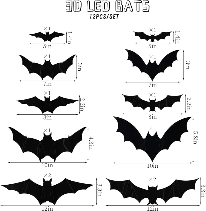 Halloween LED Bats Light Wall Stickers Glow in The Dark 3D Wall Decor for Home Decor Indoor Party Decorations (12, 5 Sizes)