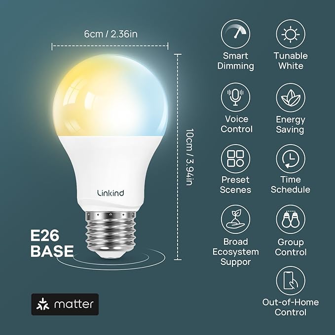 Linkind Matter Smart Light Bulb, Tunable Soft White to Daylight, Works with Alexa/Apple Home/Google Home, 2.4GHz Wi-Fi, 800LM 60W Equivalent, A19 E26 6-Pack