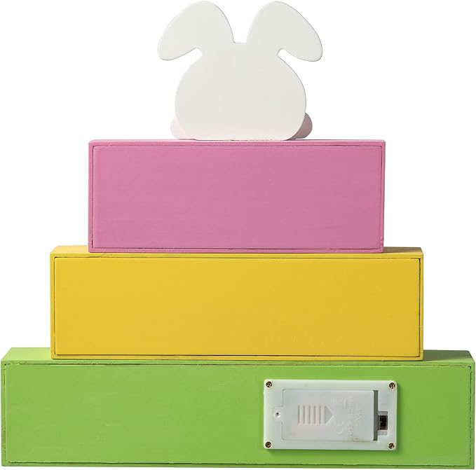 Glitzhome LED Lighted Wooden Easter Block Table Sign Easter Bunny Table Decor with Saying for Spring Easter Party Supplies Props