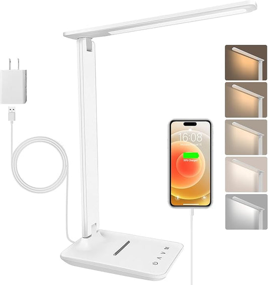 shinelife LED Desk Lamp for Office Home, Bright Desk Light with USB Charging Port, Adjustable Dimmable Desk Lamps 5 Modes 5 Brightness, Touch Study Lamp for Nail, Craft, Puzzle, Sewing, Study, White