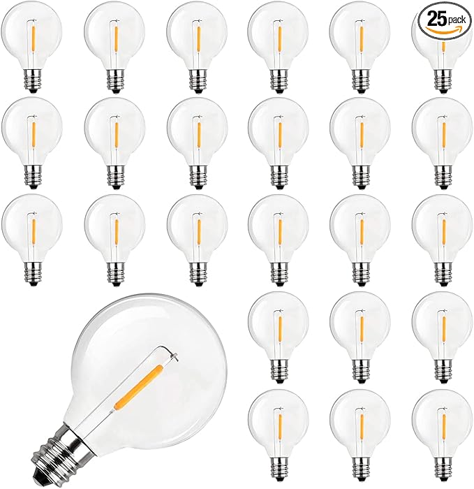 25 Pack G40 Led Replacement Light Bulbs,E12 Screw Base Shatterproof LED Globe Bulbs Light for Outdoor String Lights,0.6 Watt Equvalent to 5 Watt Incandescent Bulbs,Warm White