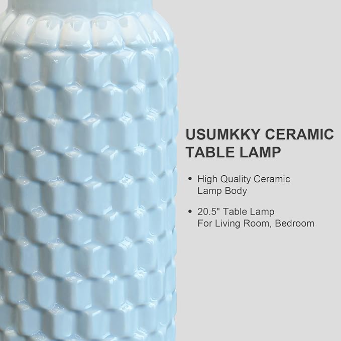 20.5" Light Blue Modern Ceramic Bedside Lamp Set of 2 for Bedroom Decor Farmhouse Table Lamp for Living Room Office Dorm