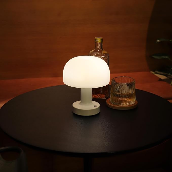 Small Mushroom Table Lamp, Cordless Night Light with 2600mAh Rechargeable Battery, Stepless Dimming Desk Lamp with 3 Colors for Bedroom/Patio/Living Room (White-1)
