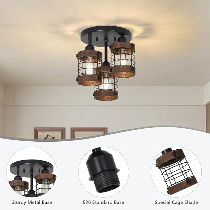 Semi Flush Mount Ceiling Light,3-Light Farmhouse Chandelier Light Fixtures Ceiling Mount, Black Hallway Light Fixtures with Wooden Cage Shade,Rustic Kitchen Light Fixture for Entryway Bedroom