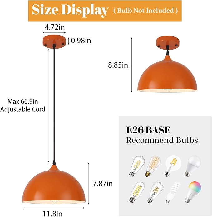 Orange Pendant Lights, 11.8" Kitchen Pendant Light 3 Pack, Industrial Pendant Light Fixtures for Kitchen Island, Farmhouse Pendant Lighting for Bedroom, Living Room, Cafe, Bar, Hallway