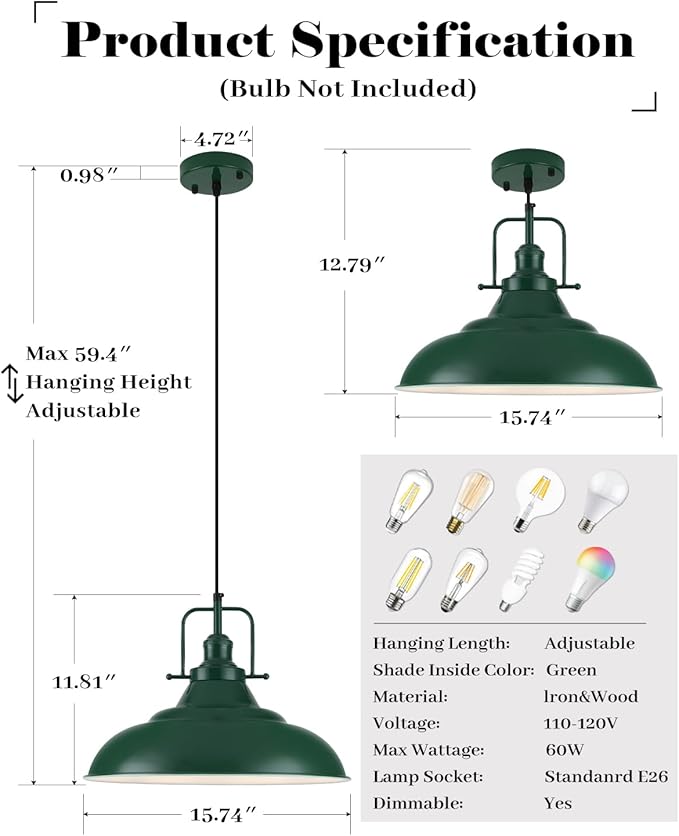 Green Pendant Light 2 Pack, 16 Inch Large Industrial Pendant Lights, Green Pendant Lights Kitchen Island, Large Farmhouse Pendant Light for Kitchen Island, Dining Room, Hallway